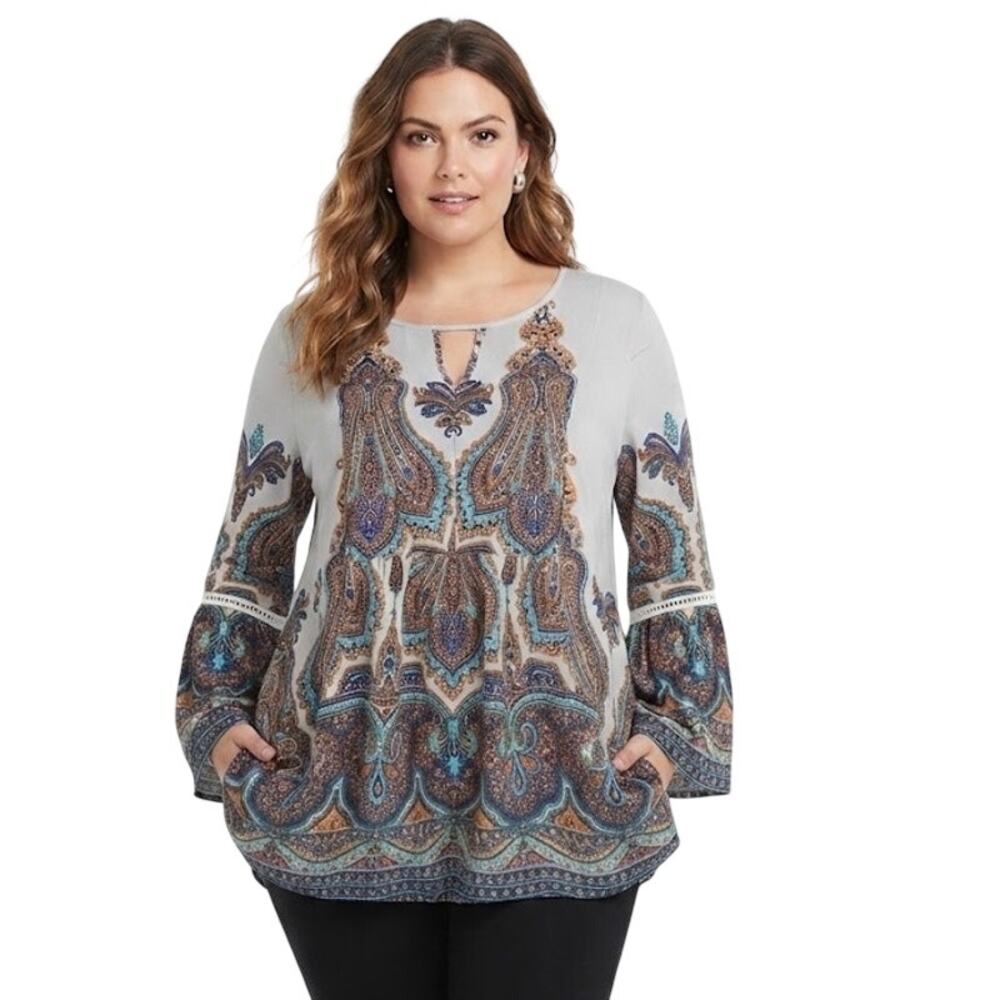 New Directions Bohemian Style Tunic Blouse Paisley Flowy Plus Size 3XL